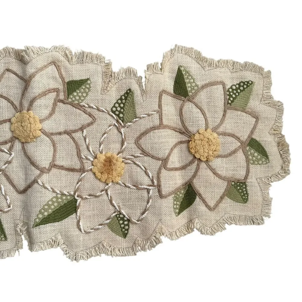 Pier 1 Imports Table Runner 37”x14” Tan Green Floral Natural Fiber Embroidered